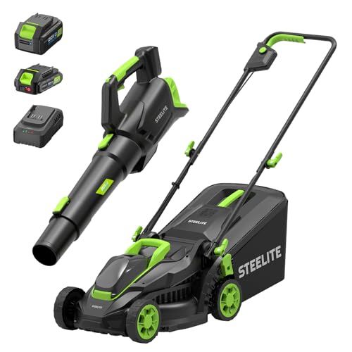 STEELITE 13-Inch Cordless Electric Lawn Mower & Leaf Blower Combo, 21V Brushless Battery Powered Lawn Mower with 4.0Ah & 2.0Ah Batteries and Charger, 2-in-1 Mulching & Bagging for Small Yards