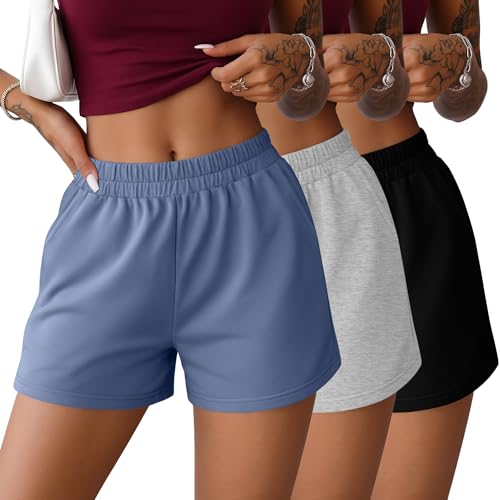 JoyMotion 3 Pack Womens Sweat Shorts Lounge Comfy Athletic Shorts Elastic Waist Summer Workout Casual Pants with Pockets(Black Light Gray Haze Blue XX-Large)