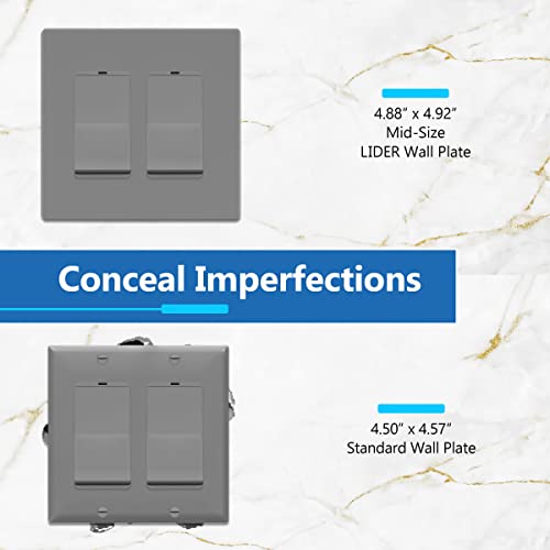 Image of LIDER Double Decorator Switch Cover, Screwless Wall Plate, Mid-Size 2-Gang 4.88 inch x 4.92 inch, LSWP-32M-GY10P, UL Listed, Thermoplastic, Matte Gray, 10-Pack