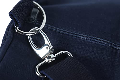 Tag&Crew Lightweight Solid Round Duffle Multifunctional Foldable Canvas Carry-on Gym Bag with Adjustable & Detachable Shoulder Strap Metal Accessories - Navy Blue4