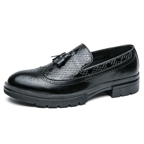 Men's Tassel Loafers Woven Pattern Leather Slip-on Dress Shoes Wide Round Toe Brogue Wingtip Business Design Fashion Non-Slip Work Casual Shoes