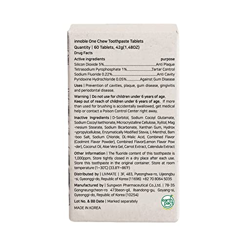 Innoble One Chew Toothpaste Tablets With Fluoride - Natural Effervescent Lemon Mint Flavor - Eco-Friendly Packaging, Sls Free, Plastic Free, Vegan (60 Tablets) #TOP6