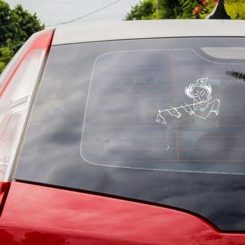 Image of KREEPO Pack of 2 Lord Krishna Religious Self-Adhesive Vinyl Car Decal Sticker for Exterior Use| Dashboard| Windshield (White)