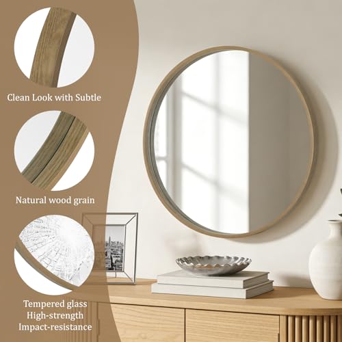 Image of WallBeyond Round Wood Mirror 28 inch Circle Wall Mirror for Bathroom Round Wall Mirror for Wall Decor, Vanity, Entryway Living Room, Honey
