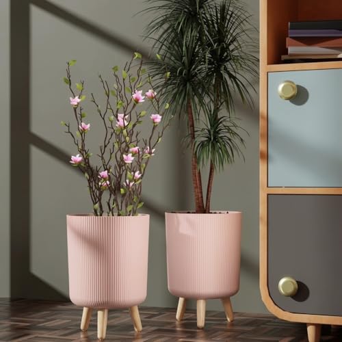 Image of StyleX Store Modern Flower Pot with Plastic Legs | Indoor Outdoor Planter for Home Garden Balcony Decor Ribbed Design Sturdy Plastic Mid-Century Style (Blush Pink Pack of 2)