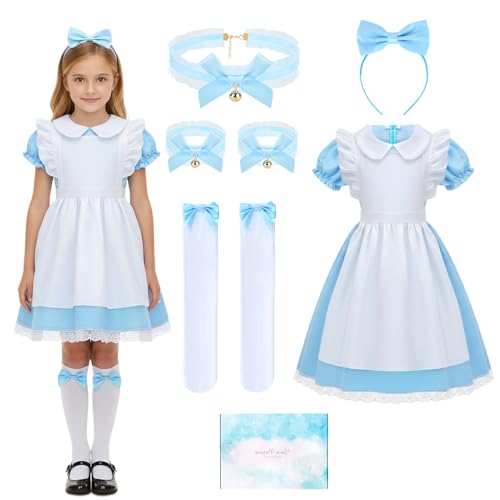 TOSZOLY Disfraz Princesa Niña, Disfraz de Alicia para Niñas con Diademas y Calcetines, Vestido de Princesa Niña para Cumpleaños Fiesta Halloween Navidad Carnaval 6 a 11 Años