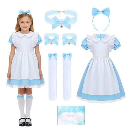 TOSZOLY Disfraz Princesa Niña, Disfraz de Alicia para Niñas con Diademas y Calcetines, Vestido de Princesa Niña para Cumpleaños Fiesta Halloween Navidad Carnaval 6 a 11 Años
