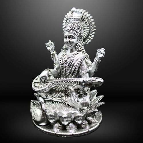 Image of Saraswati Devi Idol 4.5 inch Material Polystone Statuen Painted Brass, Antique Silver & White Finish Veena Vadini Maa Saraswati Murti Vasant Panchami for Home & Office Decor (Antique Silver)
