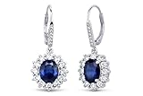 Amy & Annette Blue Sapphire Earrings - 18k White Gold Plated Leverback Drop and Dangle Halo Earring for Women - Great Gift Idea for Every Occasion