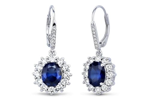 Amy & Annette Blue Sapphire Earrings - 18k White Gold Plated Leverback Drop and Dangle Halo Earring for Women - Great Gift Idea for Every Occasion