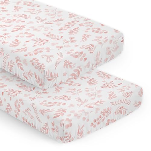 Image of Sweet Jojo Designs Blush Pink and White Boho Floral Leaf Girl Baby Fitted Crib Sheet Set Infant Newborn Nursery Toddler Bed Room Standard Mattress 2p Chic Bohemian Watercolor Botanical Flower Woodland