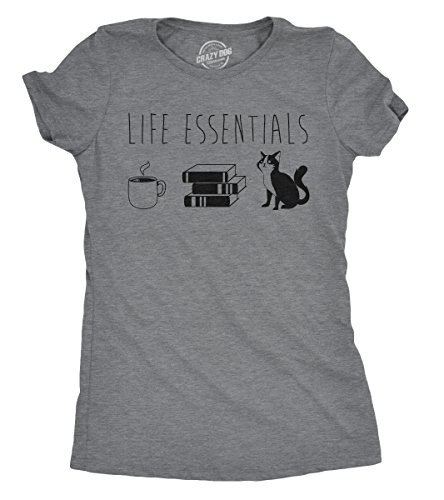 Womens Life Essentials T Shirt Funny Coffee Cat Mom Lover Cute Graphic Ladies (Dark Heather Grey) - L