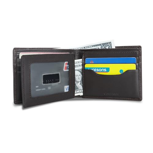 Calvin Klein Mens RFID Leather Minimalist Bifold Wallet With ID Window Brown River Print - image 6