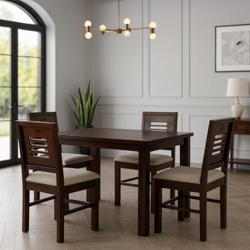 Image of CRAFT D ARTS Wooden 4 Seater Dining Table Set with 4 Cream Cushioned Chairs for Kitchen & Restaurants, Sheesham Wood, Walnut Finish