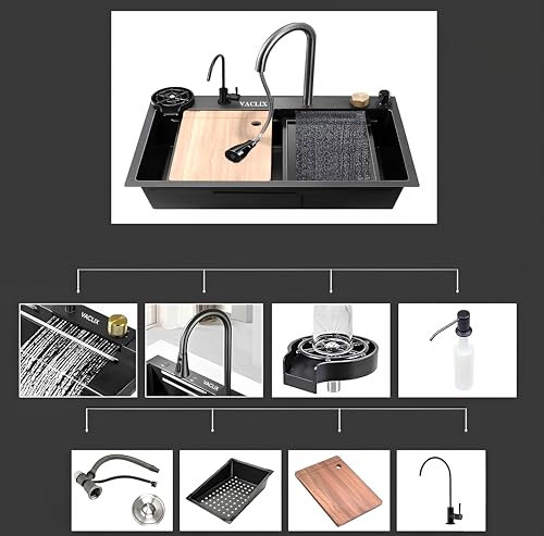 Image of 24'' x 18'' x 10'' Waterfall Sink Integrated HONEYCOMB DESIGN 304 Grade With CLASSY BLACK MATT Finish Single Bowl Multifunction Kitchen Sink