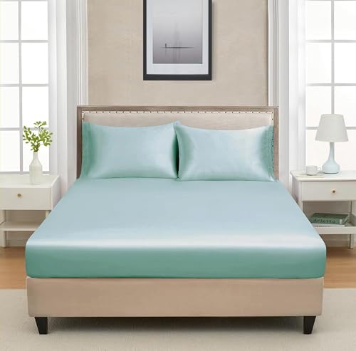 Image of RD TREND Microfiber Satin Weave Fitted Bedsheet for Double Bed King Size (78x72x10 Inch) with 2 Pillow Covers (18x28 Inch),400 TC Elastic All Around | Teal Grey