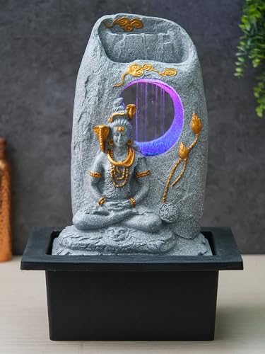 Image of CHRONIKLE Grey Polyresin Tabletop Lord Shiv Indoor Water Fountain for Home Decor with LED, Speed Control Pump (Size: 37 x 28 x 56 CM | Weight: 2900Gram)