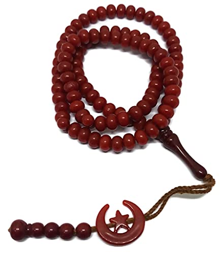 Islam Prayer Tasbih 99 Beads AMN-303 Muslim 8 mm. Rosary Bead Moon Star Decorated Tassels Haj Eid Ramadan Gift (Red)