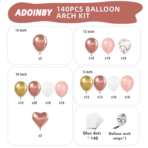 Image of Rose Gold Balloons Arch Kit, 140Pcs Metalic Rose Gold Metallic Gold White Pink with Confetti Balloons for Bridal Shower Baby Shower Bachelorette Birthday Wedding Girl Anniversary Decorations