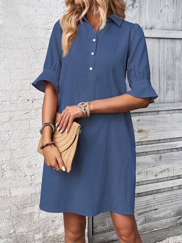 Image of FENSACE Womens Casual Shirt Dress Ruffle Sleeve Button Down Shift Summer Dresses with Pockets