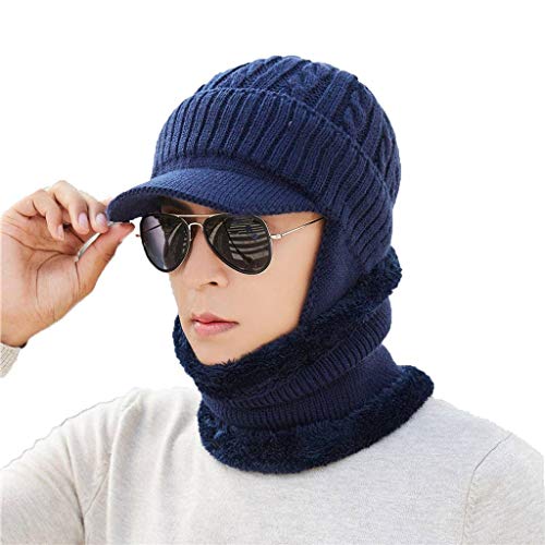 ZHFEL Bonnet Visière Tricot Écharpe, Hiver Chaud Épais Quotidien Bonnet Homme Chapeau Vent-résistant Protection Cou pour en Plein Air Vélo-E Cover