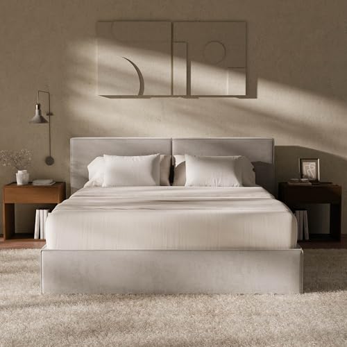 Image of RECCI Queen Platform Bed Frame with Plush Upholstered Headboard 6-Inch, Easy Assembly, Noise-Free Stability (Dove Gray, Queen (U.S. Standard))