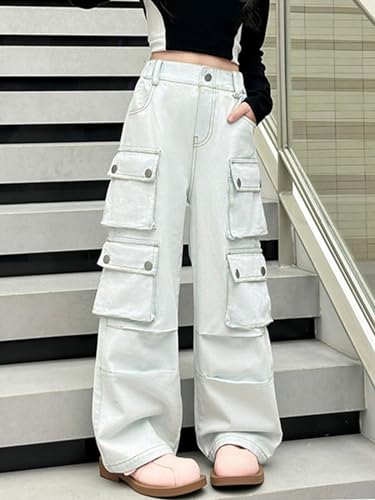 SANGTREE Girls High Waist Casual Y2k Wide Leg Cargo Pants, 4-14 Years4