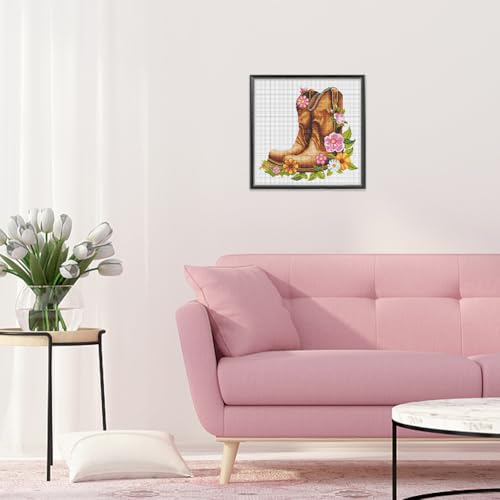 Image of FREEBLOSS DIY Cross Stitch Wall Hanging Kit Boots Full of Flowers Stamped Cross Stitch Wall Painting Retro Style Cross Stitch Home Wall Art Cross Stitch Starter Kit for Beginners with Instruction