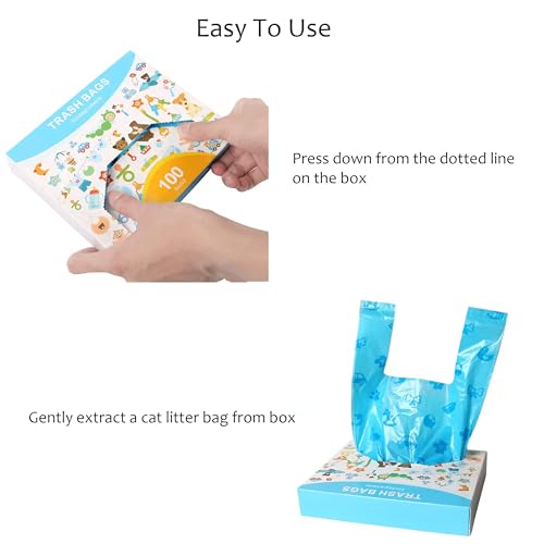 Image of Cat Litter Bags with Handles, Disposal Litter Bags for Pet Poop, Dog Poop Bag Extra-Thick Kitty Cat Waste Bags, With 1 Pcs Random Color Bell Balls Toy and Spring Toy(Unscented, 100 bags)
