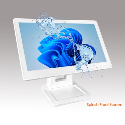 Image of ANGEL POS 15.6 Inch 1920 x 1080 FHD IPS Touchscreen POS Monitor with Metal Stand, 10 Points Touch HDMI VGA, Waterproof Dustproof Screen 1080P, Indusitrial, Office, Retail, Gym, Warehouse (White)