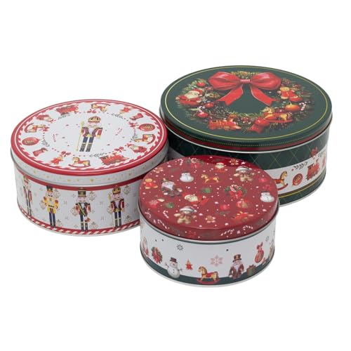 Carousel Home Set of 3 Traditional Christmas Storage Tins | Triple Festive Gnome Round Nesting Tins | Fairy Cake Biscuit Cookie Muffin Treat Storage Set