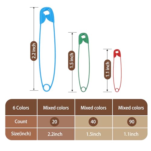 Image of Safety Pins - 150 Pcs Assorted Sizes 6 Color Pins Bulk | Small & Large Heavy Duty for Clothes, Sewing, Craft