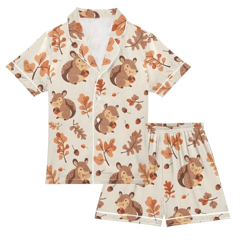 ALAZA Squirrel Leaf Satin Pajamas Set Short Sleeve Button Down Sleepwear Summer Pjs 2 Piece