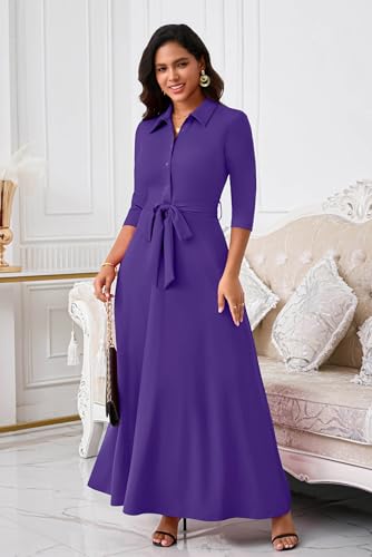 Image of Runwind Women Church Maxi Dresses 3 /4 Sleeve Button Down Print Casual Office Dress African