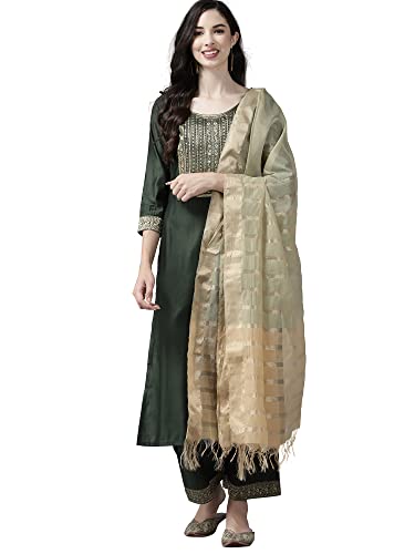 Image of INDO ERA Women's Cotton Blend Yoke Design Straight Kurta with Pant & Dupatta Set