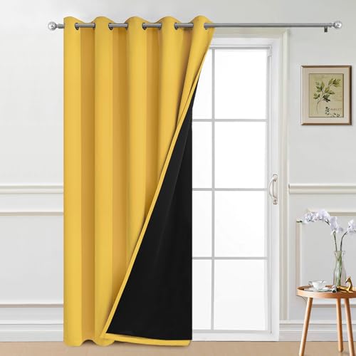 Image of Yakamok Mustard Yellow Blackout Patio Door Curtain Panels W70 x L84, 1 PCS | Noise Reducing Barrier Panel for Sliding Glass Door, 2 Thick Layers Heat Full Light Blocking Patio Door Drapery