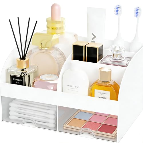 Makeup Organizer with 2 Drawers Cosmetic Storage for Dresser Vanity and Bathroom Countertop Make up organization and Skincare Storage with Beauty Brush Holder Cosmetic Display Case (White)