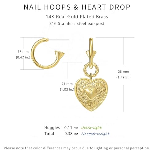 14K Gold Plated Heart Earrings for Women, Hypoallergenic Half Hoop Drop Earrings, Gift for Wife Mom Her by Febsky2