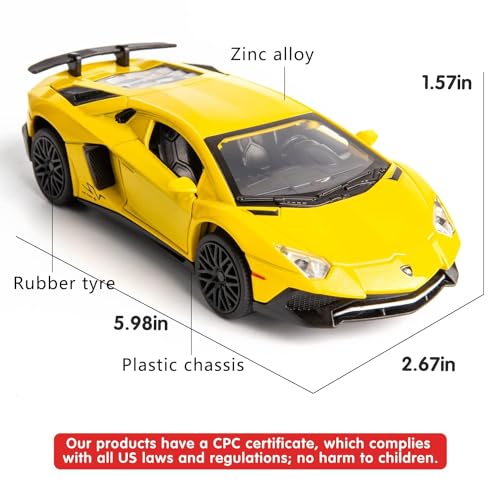 Image of 1:32 Scale Lamborghini LP750 Diecast Car | Metal Pullback Toy with Openable Doors, Sound, Light Effects for Kids & Car Enthusiasts (Yellow)