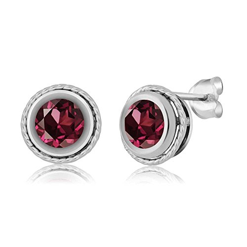 Gem Stone King 2.00 Ct Round Red Rhodolite Garnet Sterling Silver bezel Stud Earrings 6mm