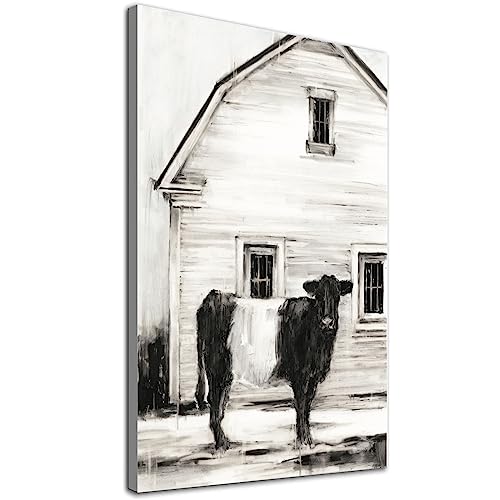 Black And White Farm Cow Picture Black And White Barn Cow Print Art Cow Paintings Canvas Wall Art Black And White Cow Pictures Wall Decor Farmhouse Cute Black And White Cow Artwork 16X24Inch No Frame #TOP2