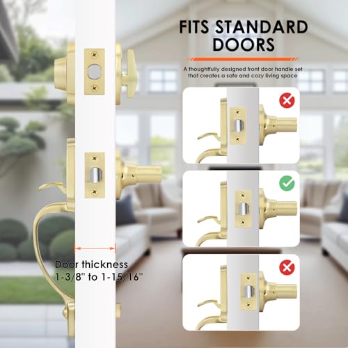 Image of Haidms Gold Front Door Lock Set - Heavy Duty Double Door Handle With Deadbolt, Handleset With Dummy, Reversible Handle Lever for Double Front Door Hardware
