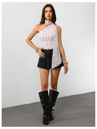Image of RoseSeek Women's Y2K Leopard Polka Dots Halter Asymmetrical Neck Crop Tops | One Shoulder, Slim Fit, Sleeveless, Cheetah Print, Summer Tops, Scarf Tops, Party, Going Out Tops