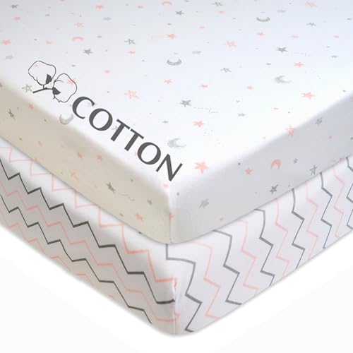 Image of American Baby Company 2 Pack 100% Natural Cotton Fitted Pack and Play Sheets 39 inch x 27 inch - Soft & Breathable Pack N Play Sheets for Playard & Mini Crib Mattress, Pink Stars /Zigzag, for Boys & Girls
