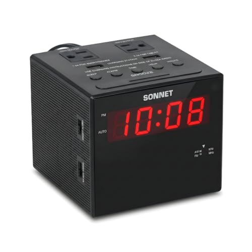 Sonnet Alarm Clock Charging Station, AM FM Radio, Dual USB Charging Ports, Dual AC Outlets, Very Loud Alarm Clock for Heavy Sleepers and The Hearing Impaired for Desk, Bedroom