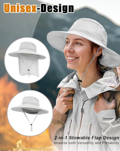 Image of Outdoor Sun Hats with Stowable Neck Flap for Men Women UPF 50+ Mesh Summer Bucket Hat Wide Brim for Fishing Safari Hiking