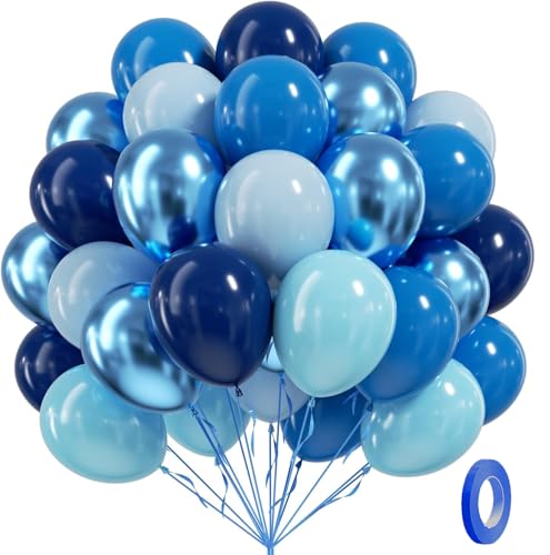 Image of BAUANOOY Blue Balloons Metallic Blue Balloon, 60pcs 12 Inch Chrome Baby Pearl Blue Balloons Navy Latex Balloon for Baby Shower Graduation Birthday Party Decorations