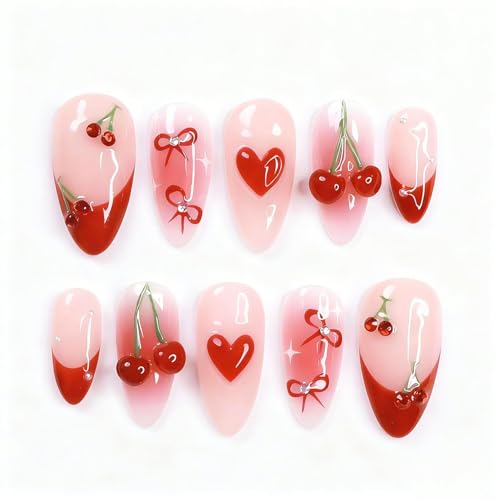 Valentines Press on Nails Medium Almond Fake Nails with 3D Red Ch...