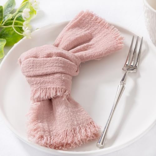 Image of MLMC 10 Pack Dusty Pink Cloth Napkins with Fringe Boho Linen Napkins Washable Reusable Rustic Dinner Table Decor 17 inchx17 inch for Wedding Party Bridal Baby Shower Home Decor
