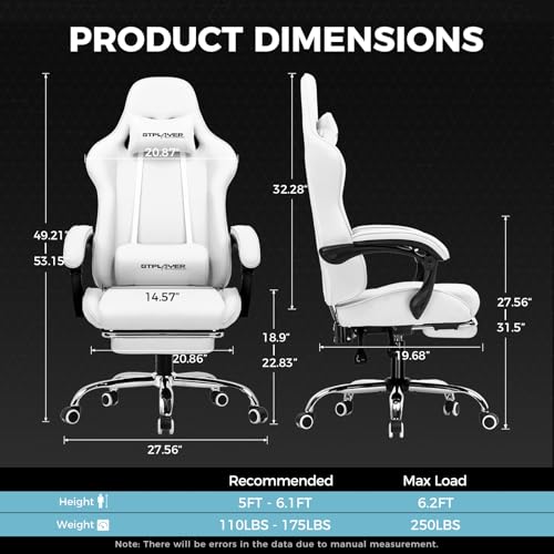 GTPLAYER Gaming Chair with Footrest, Computer Chair with and Lumbar Support, Height Adjustable Game Chair with 360°-Swivel Seat and Headrest and for Office or Gaming (All Light Gray-Fabric)